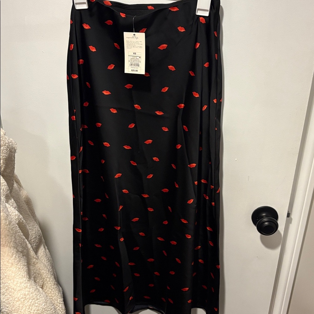Black Skirt with Red Lip Print